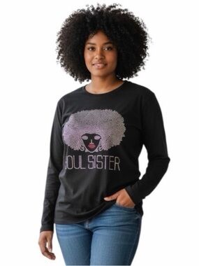 CCF FASHION Woman’s Black Long Sleeve Soul Sister Rhinestone Top size Large